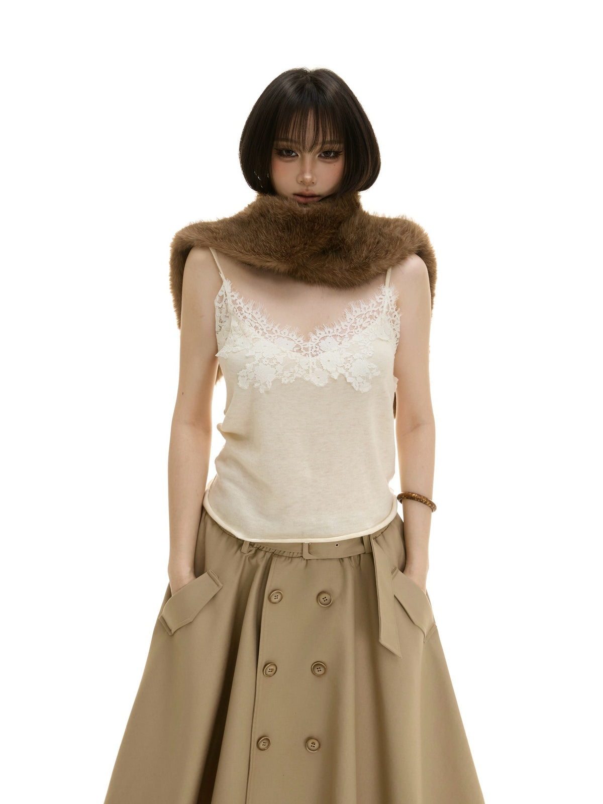 itsdinn Lace Paneled V-neck Slim Fit Knit Women&