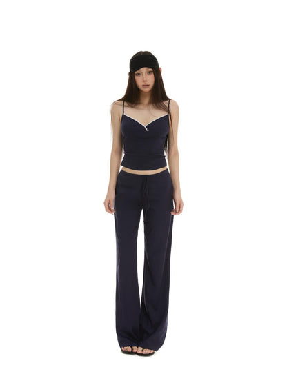 itsdinn Lace Trim V-neck Slim Cami Drawstring Wide Leg Women&