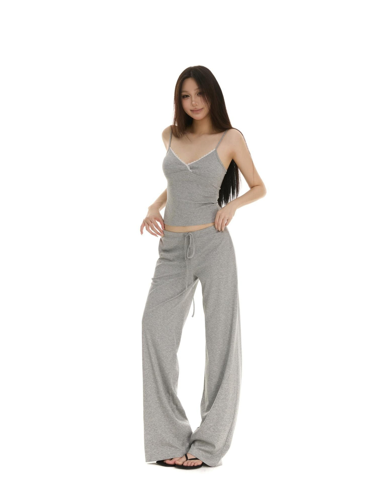 itsdinn Lace Trim V-neck Slim Cami Drawstring Wide Leg Women&