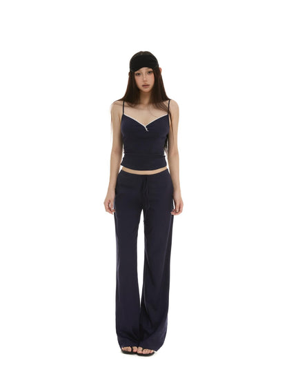 itsdinn Lace Trim V-neck Slim Cami Drawstring Wide Leg Women&