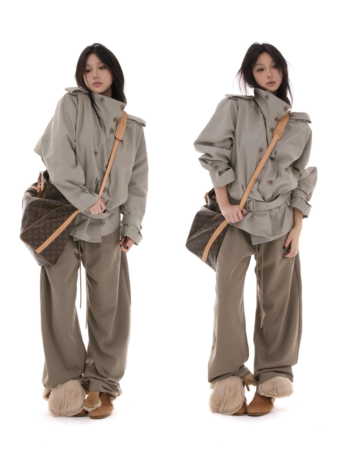 itsdinn Lake Gray Soft Boxy Stand Collar Short Detachable Belt Women&