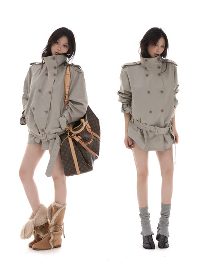 itsdinn Lake Gray Soft Boxy Stand Collar Short Detachable Belt Women&