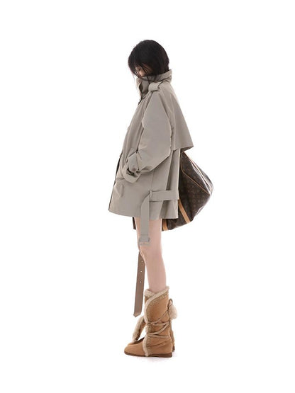 itsdinn Lake Gray Soft Boxy Stand Collar Short Detachable Belt Women&