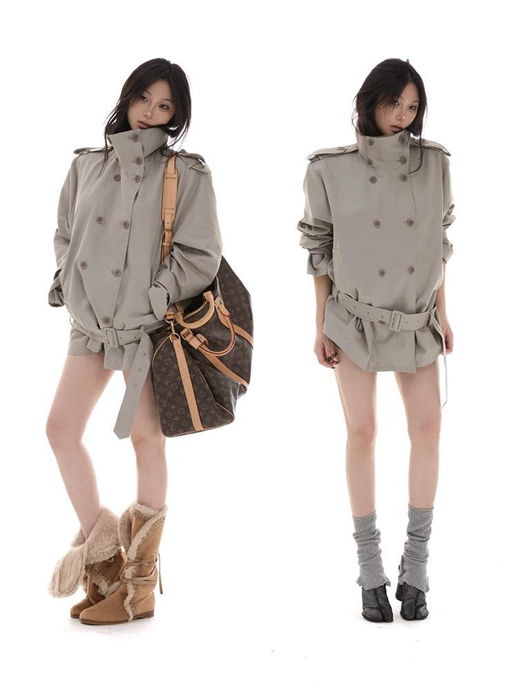 itsdinn Lake Gray Soft Boxy Stand Collar Short Detachable Belt Women&