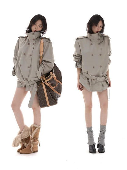 itsdinn Lake Gray Soft Boxy Stand Collar Short Detachable Belt Women&