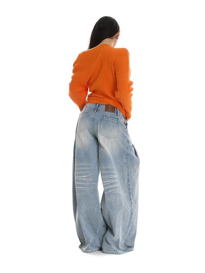 itsdinn Light Blue Pleated Low Rise Whisker Wash Women&