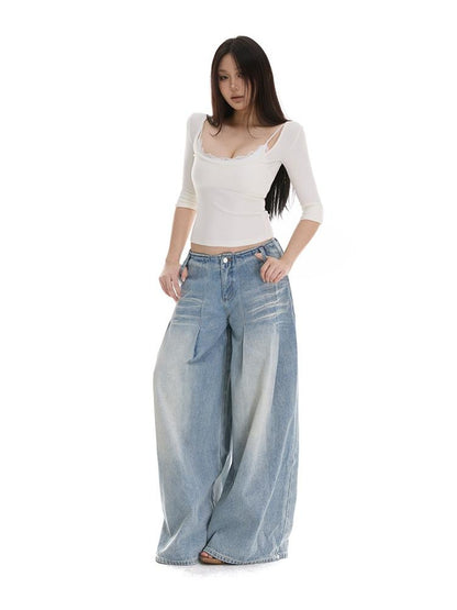 itsdinn Light Blue Pleated Low Rise Whisker Wash Women&