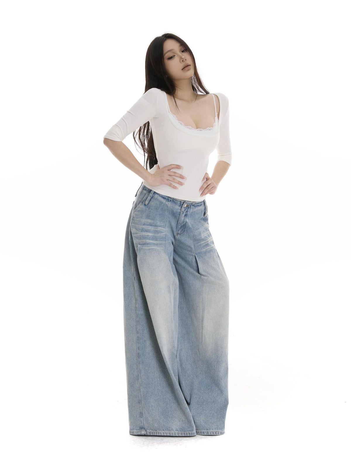 itsdinn Light Blue Pleated Low Rise Whisker Wash Women&
