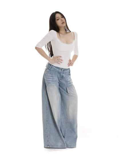 itsdinn Light Blue Pleated Low Rise Whisker Wash Women&