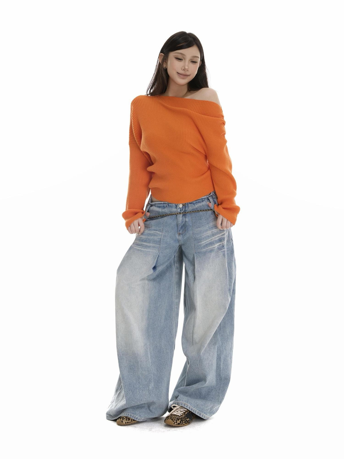 itsdinn Light Blue Pleated Low Rise Whisker Wash Women&