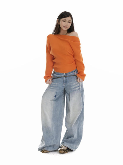 itsdinn Light Blue Pleated Low Rise Whisker Wash Women&