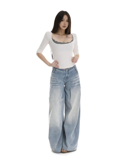 itsdinn Light Blue Pleated Low Rise Whisker Wash Women&