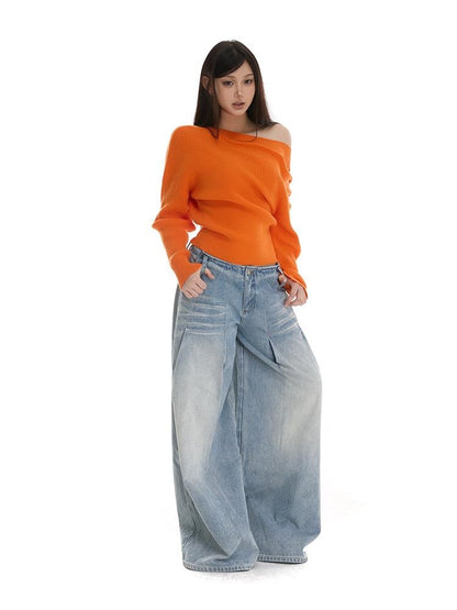 itsdinn Light Blue Pleated Low Rise Whisker Wash Women&