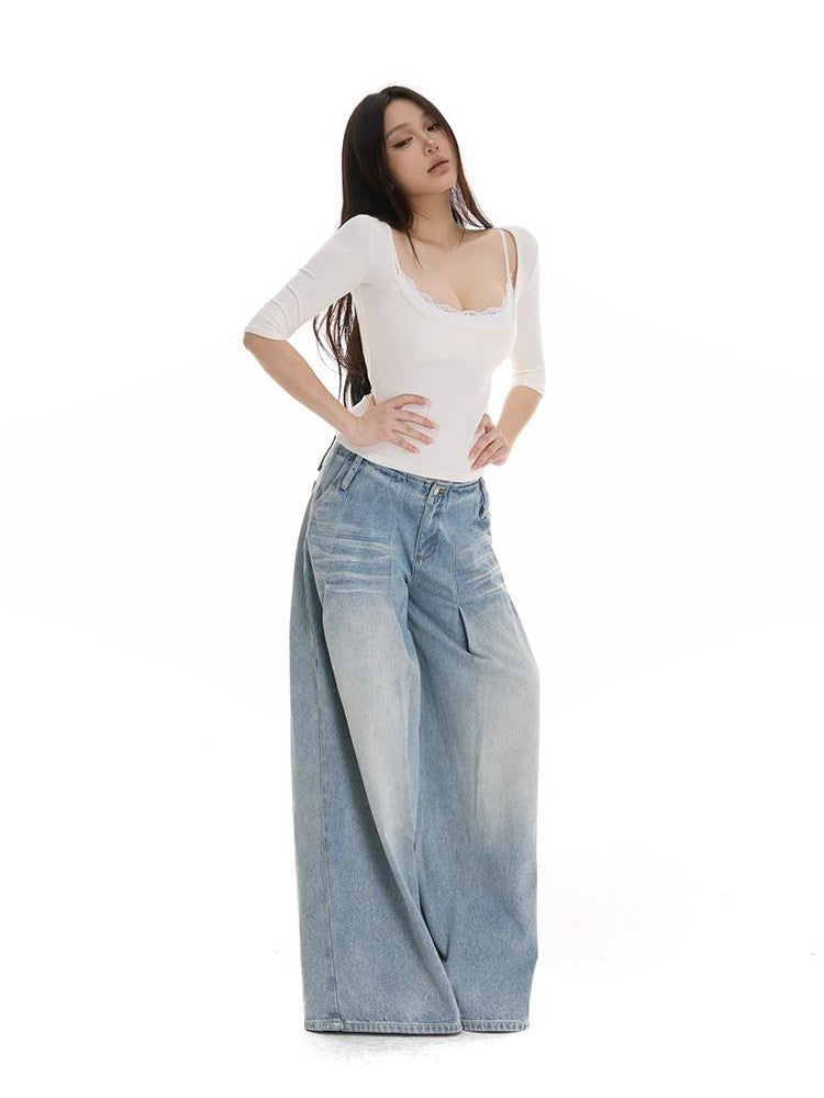 itsdinn Light Blue Pleated Low Rise Whisker Wash Women&