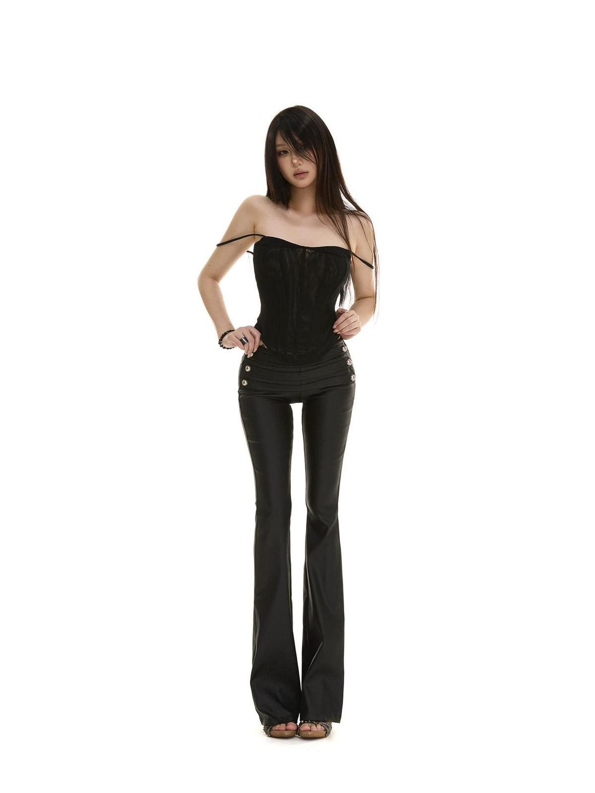 itsdinn Matte Black Low Rise Micro Flare Napoleon Buckle Women&