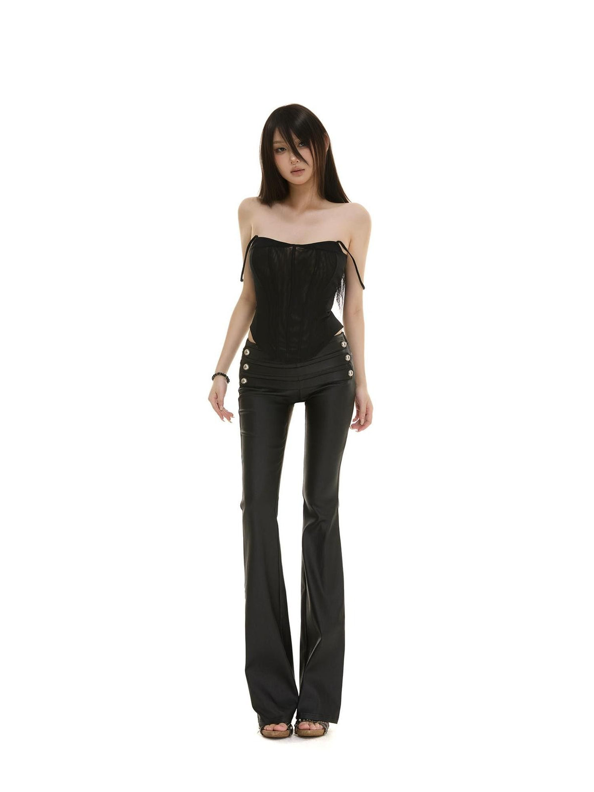 itsdinn Matte Black Low Rise Micro Flare Napoleon Buckle Women&