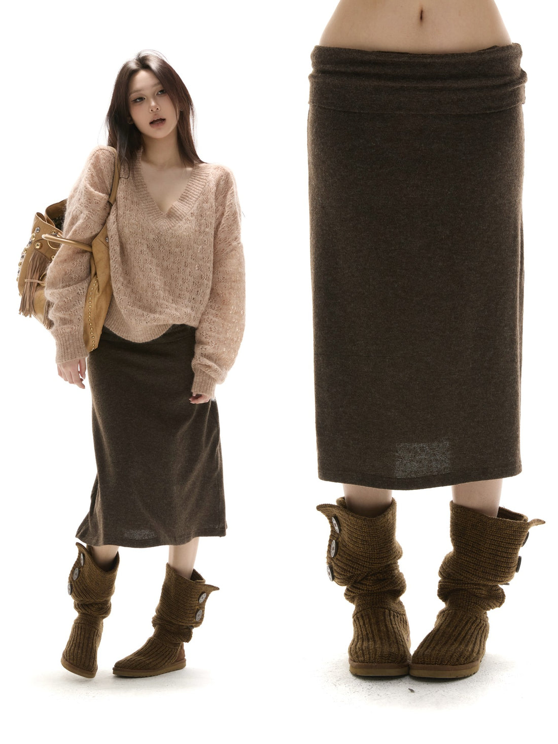 itsdinn Matte Texture Foldover Low Waist A Line Women&