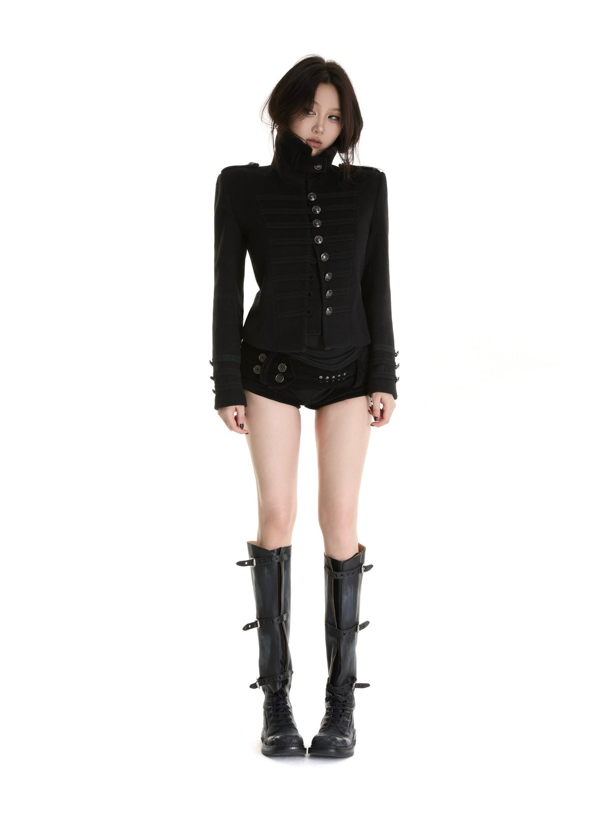 itsdinn Metal Button Mandarin Collar Wool Blend Women&
