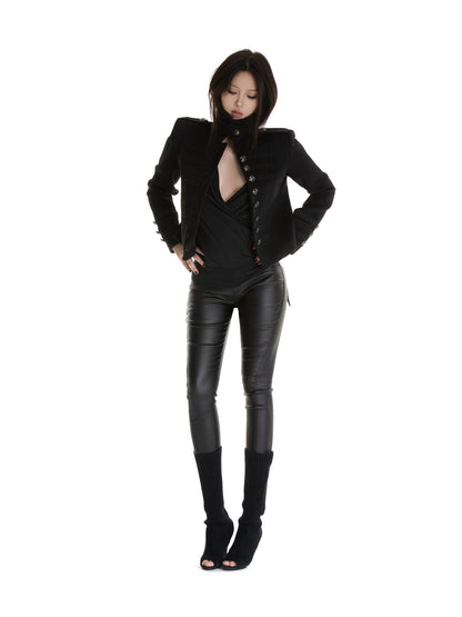 itsdinn Metal Button Mandarin Collar Wool Blend Women&