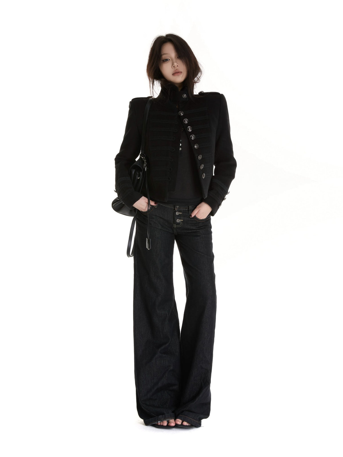 itsdinn Metal Button Mandarin Collar Wool Blend Women&