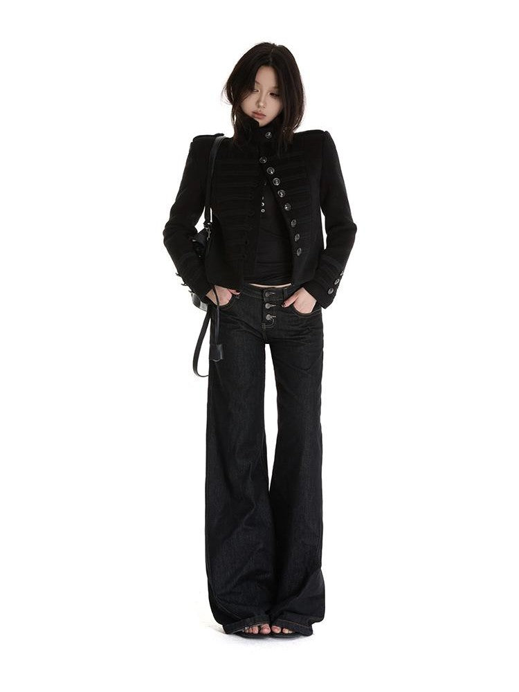itsdinn Metal Button Mandarin Collar Wool Blend Women&