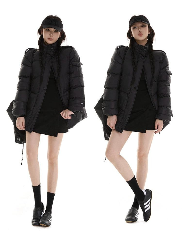 itsdinn Mid Length Epaulet Stand Collar Women&