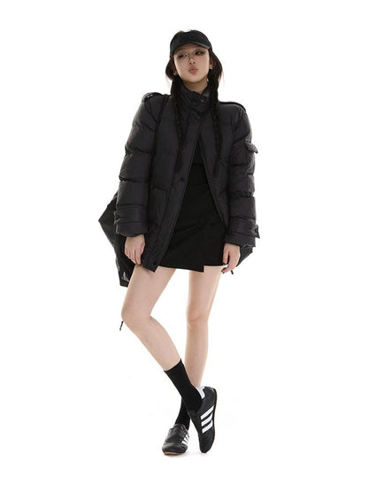 itsdinn Mid Length Epaulet Stand Collar Women&