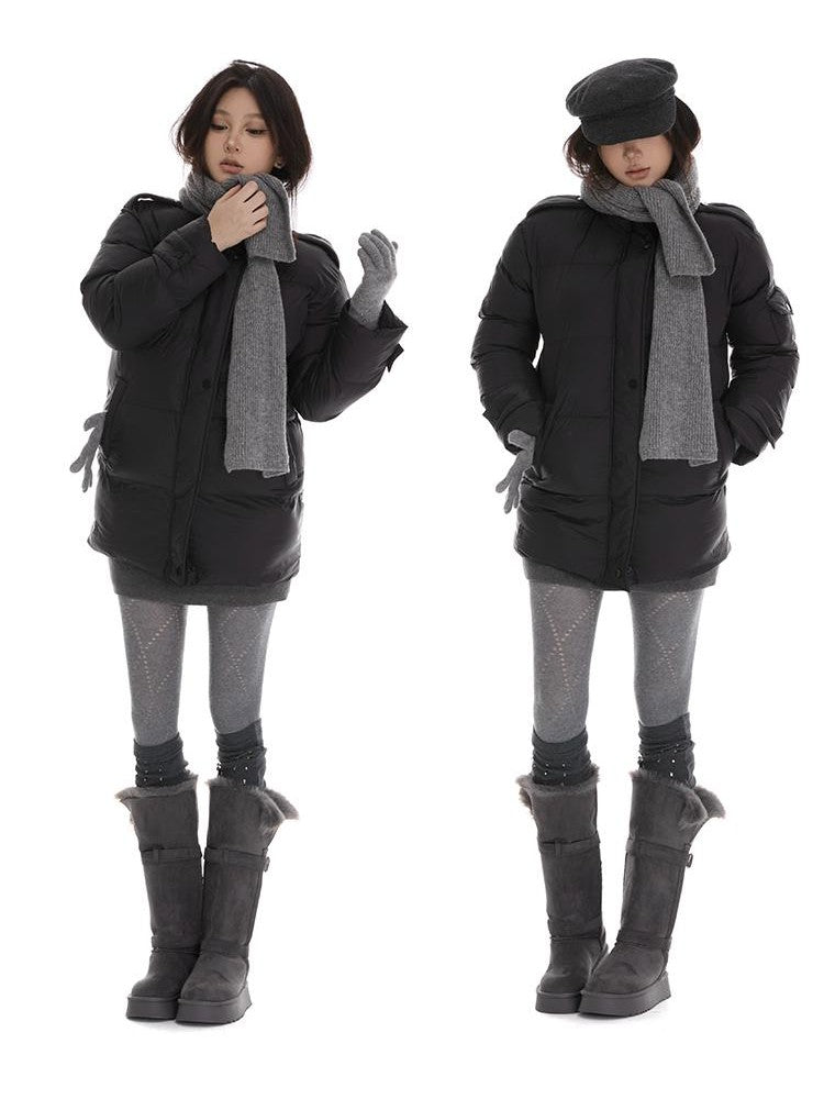 itsdinn Mid Length Epaulet Stand Collar Women&
