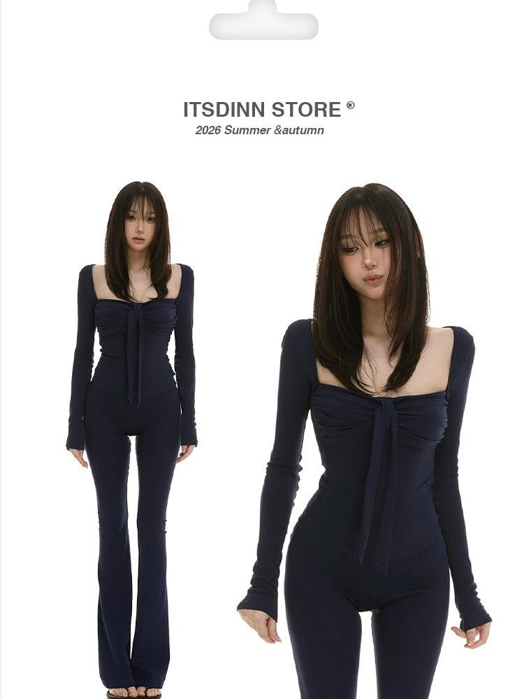 itsdinn Navy Boatneck Twist Knot Waist Women&