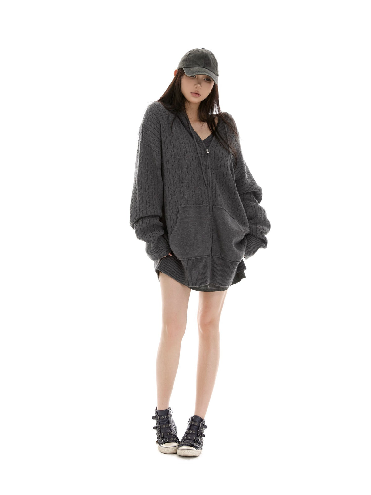 itsdinn Oversized Hooded Zippered Cardigan Women&