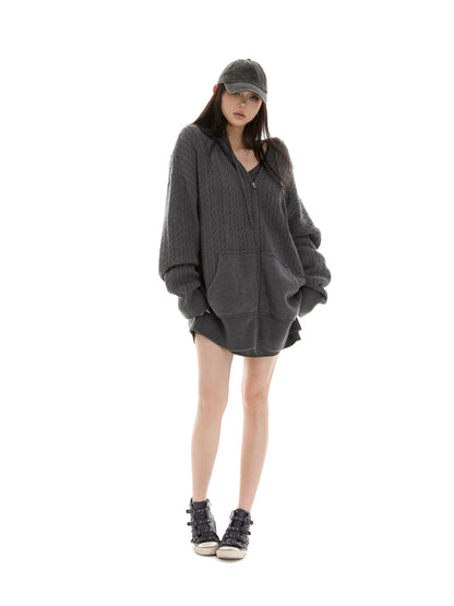 itsdinn Oversized Hooded Zippered Cardigan Women&