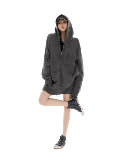itsdinn Oversized Hooded Zippered Cardigan Women&