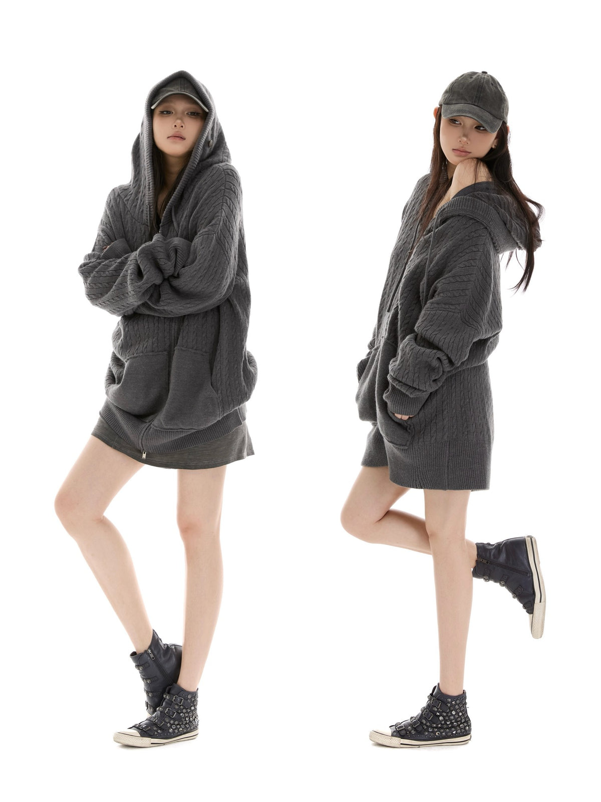 itsdinn Oversized Hooded Zippered Cardigan Women&