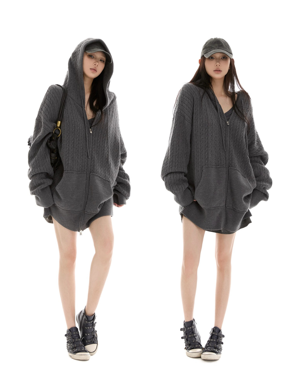 itsdinn Oversized Hooded Zippered Cardigan Women&
