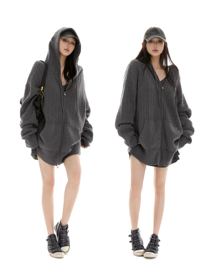 itsdinn Oversized Hooded Zippered Cardigan Women&
