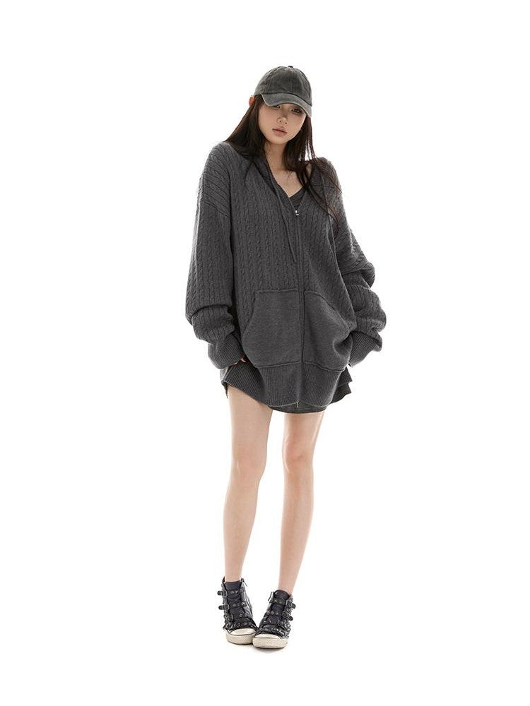itsdinn Oversized Hooded Zippered Cardigan Women&