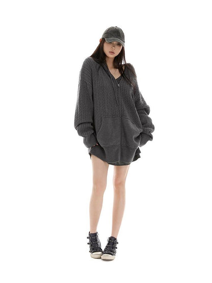 itsdinn Oversized Hooded Zippered Cardigan Women&