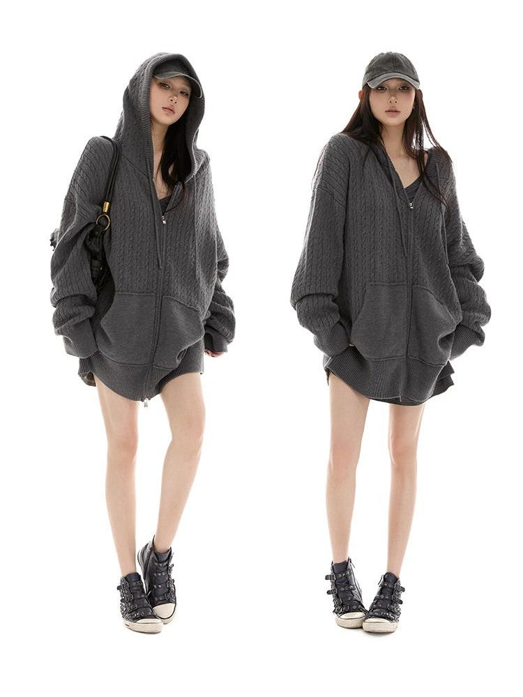 itsdinn Oversized Hooded Zippered Cardigan Women&
