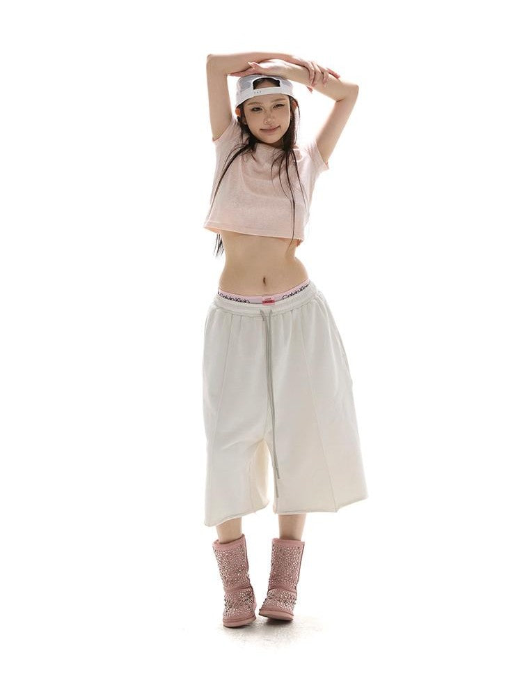 itsdinn Oversized Pleated Drawstring Low Rise Women&