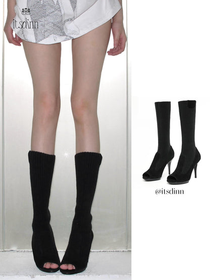itsdinn Peep Toe Knit Platform Stiletto Heel Women&