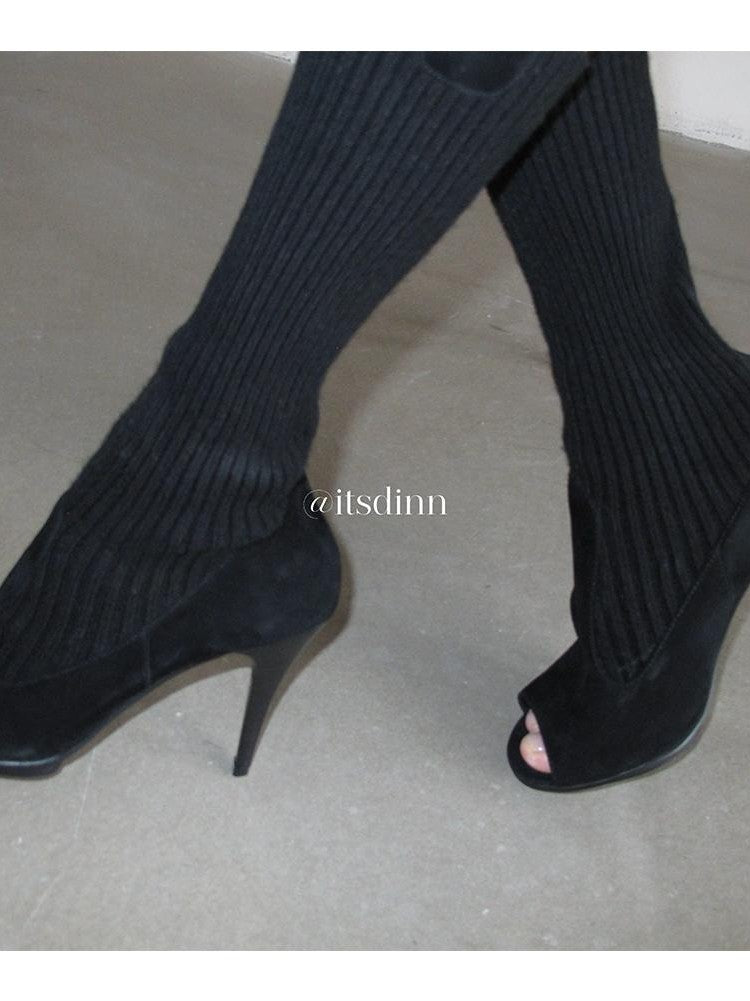 itsdinn Peep Toe Knit Platform Stiletto Heel Women&