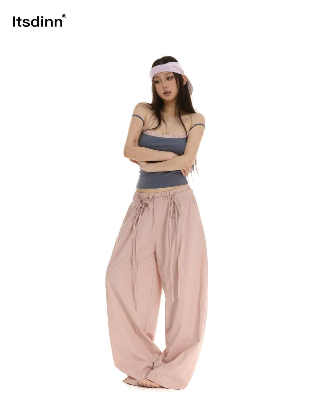 itsdinn Pink Colorblock Ruffle Straight Neck Double Drawstring Women&