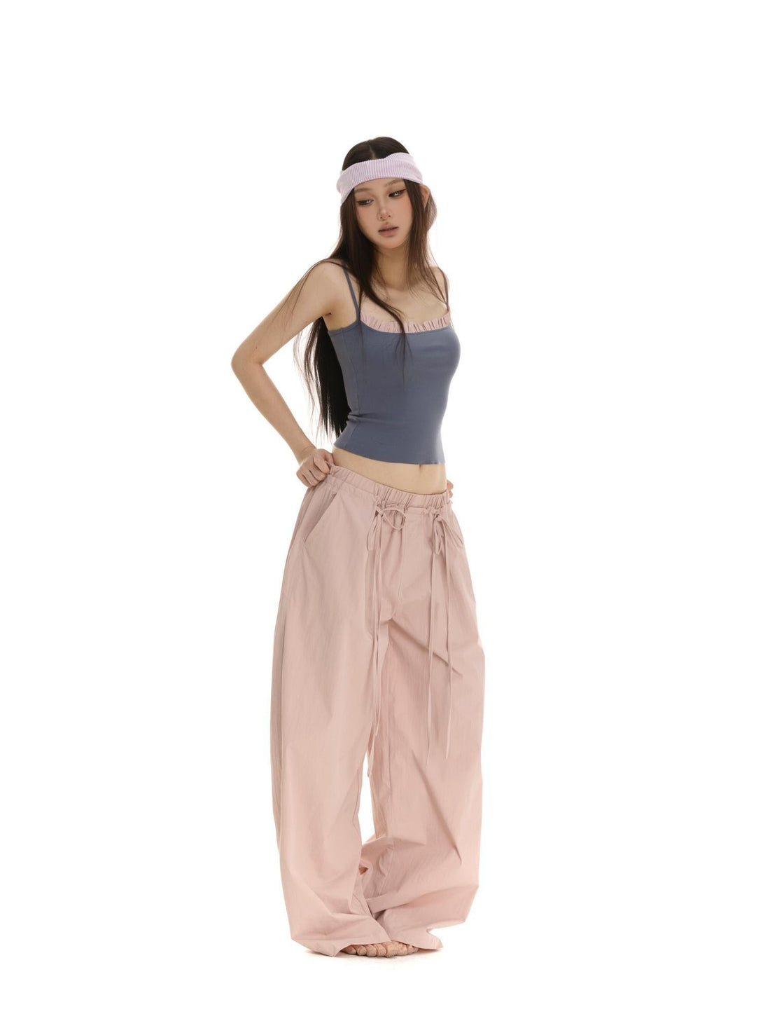itsdinn Pink Colorblock Ruffle Straight Neck Double Drawstring Women&