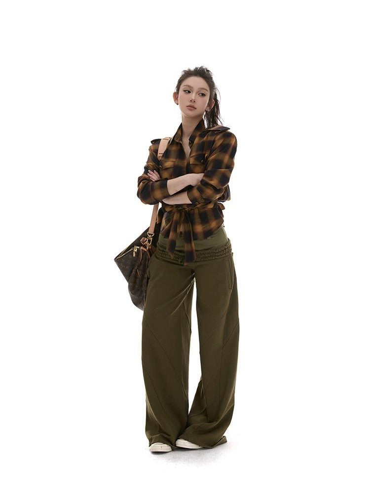itsdinn Plaid Padded Shoulder Multi Pocket Metal Buttons Women&