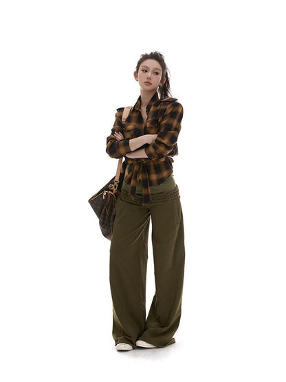 itsdinn Plaid Padded Shoulder Multi Pocket Metal Buttons Women&