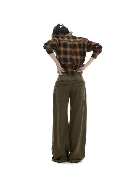 itsdinn Plaid Padded Shoulder Multi Pocket Metal Buttons Women&