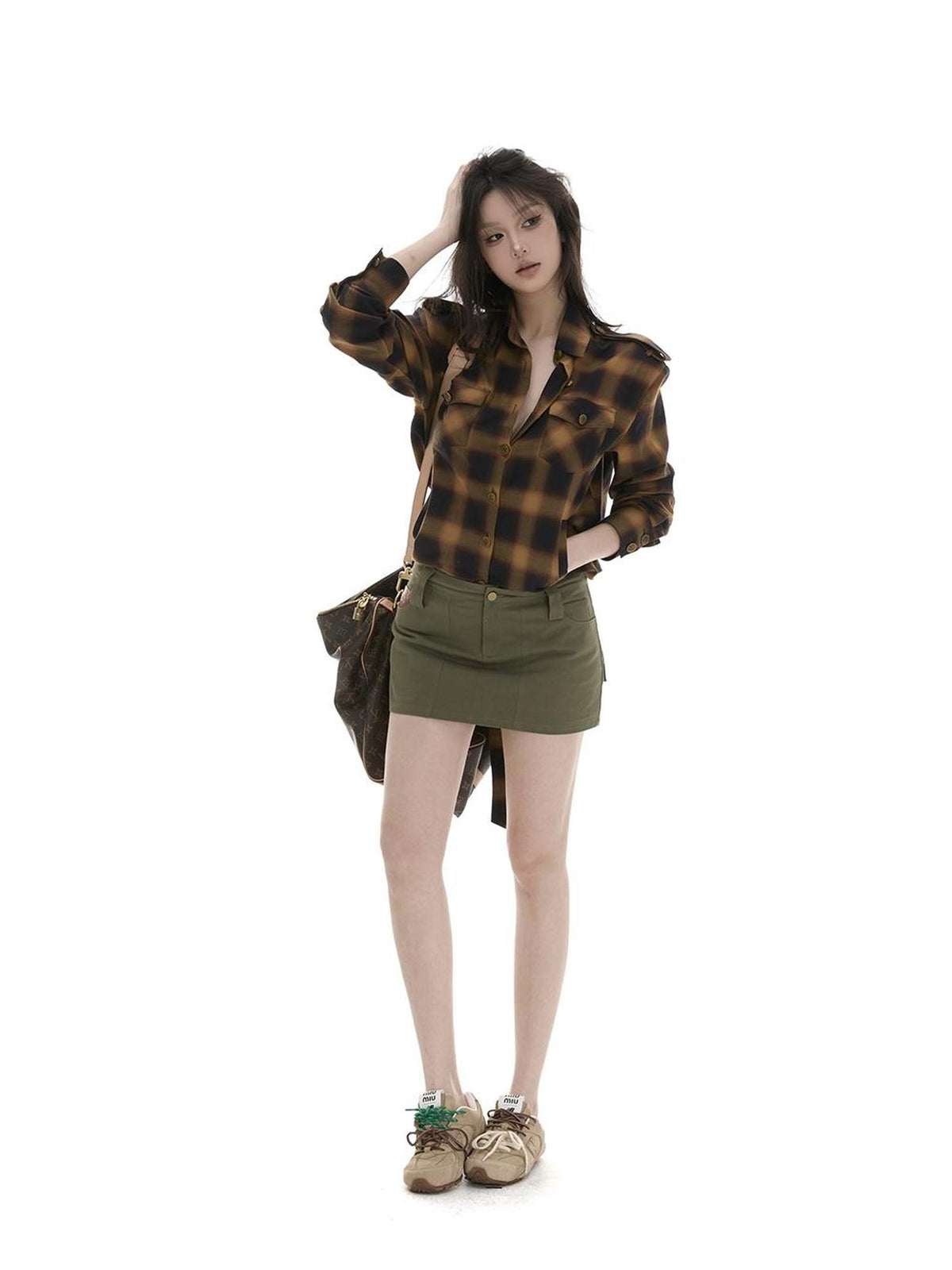 itsdinn Plaid Padded Shoulder Multi Pocket Metal Buttons Women&