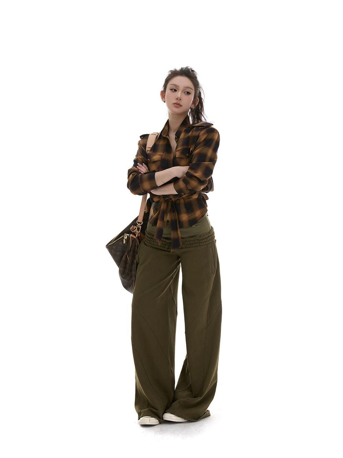 itsdinn Plaid Padded Shoulder Multi Pocket Metal Buttons Women&