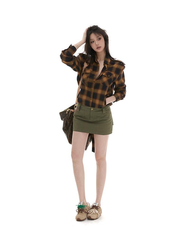 itsdinn Plaid Padded Shoulder Multi Pocket Metal Buttons Women&