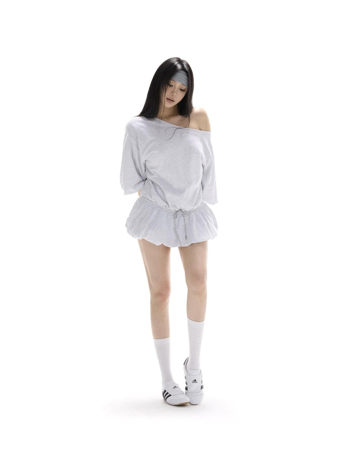 itsdinn Puff Sleeve Tie Low Waist Balloon Hem Women&